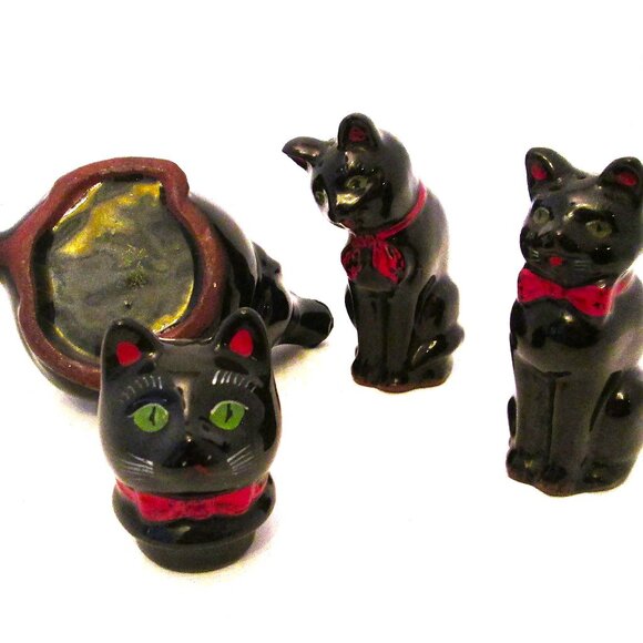 Vtg Shafford Ebony black red bowed cat teapot with salt & pepper black grown cat - Picture 12 of 15